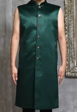 Woven Satin Silk Sherwani in Dark Teal Green