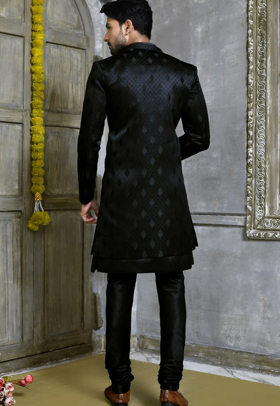Woven Satin Silk Sherwani in Black