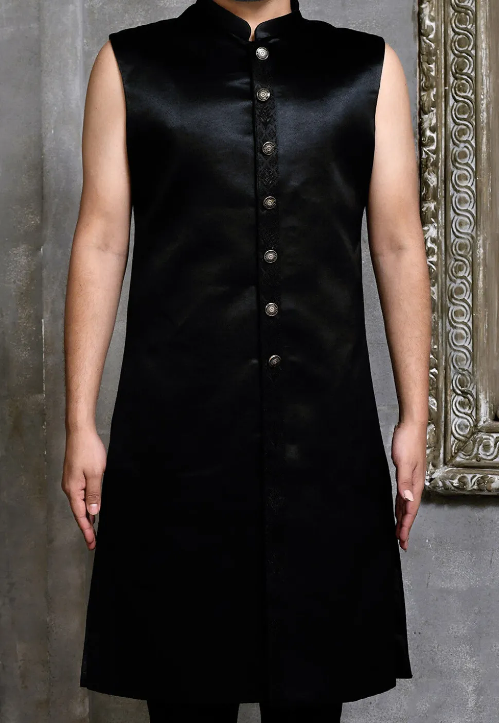 Woven Satin Silk Sherwani in Black