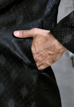 Woven Satin Silk Sherwani in Black