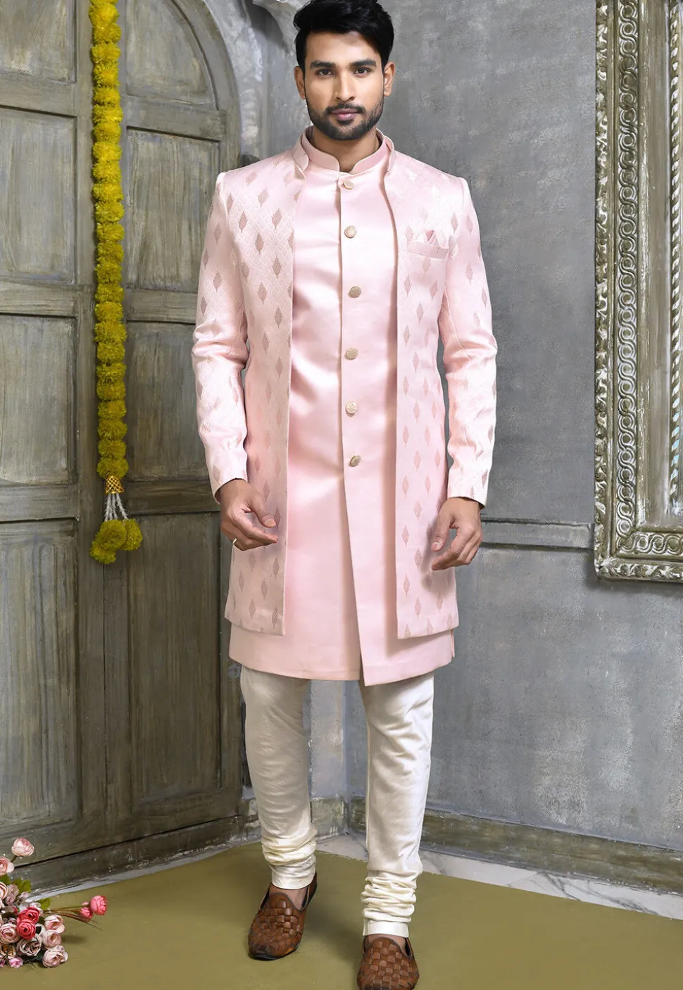 Woven Satin Silk Sherwani in Baby Pink