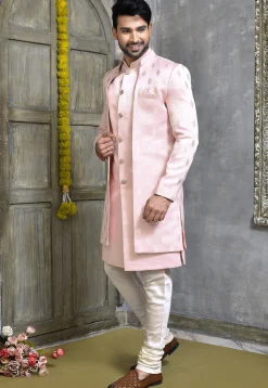 Woven Satin Silk Sherwani in Baby Pink