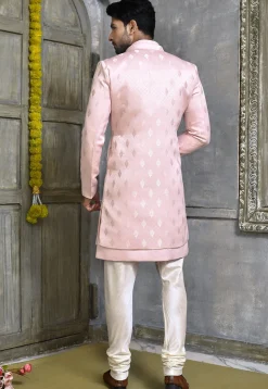 Woven Satin Silk Sherwani in Baby Pink