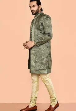 Woven Satin Silk Sherwani in Dusty Green