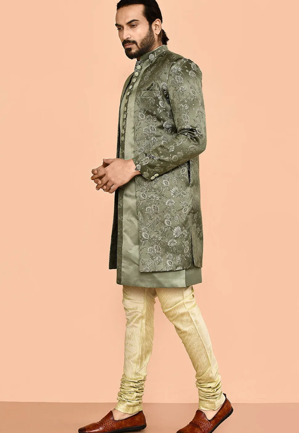 Woven Satin Silk Sherwani in Dusty Green