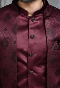 Woven Satin Silk Sherwani in Wine