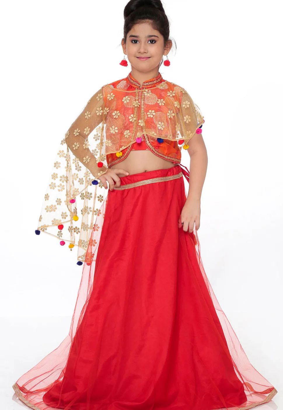 Woven Shimmer Net Lehenga in Red