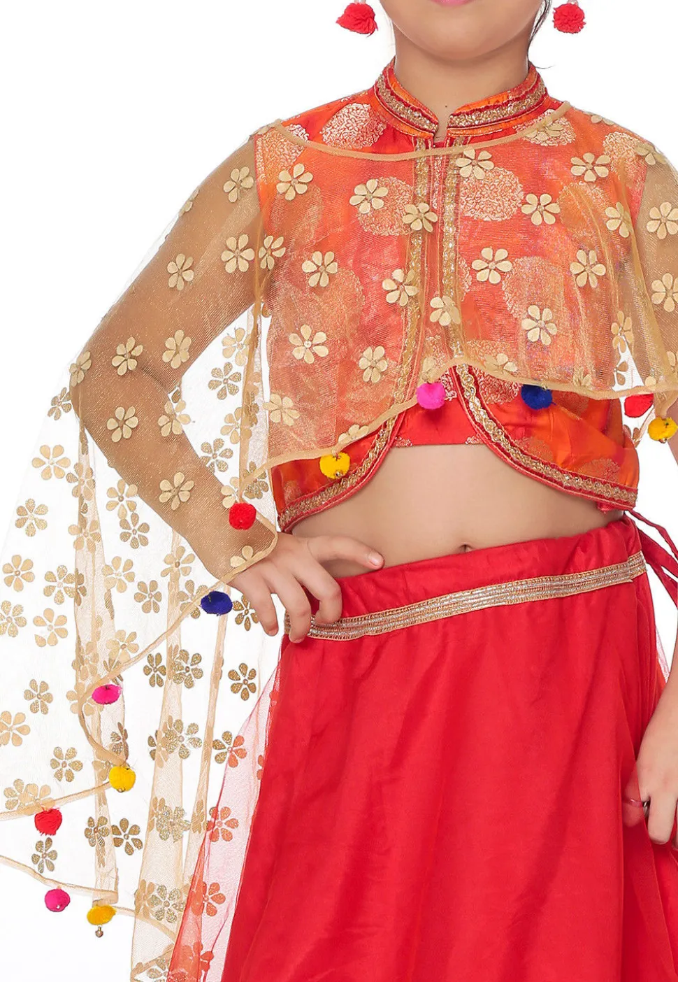 Woven Shimmer Net Lehenga in Red