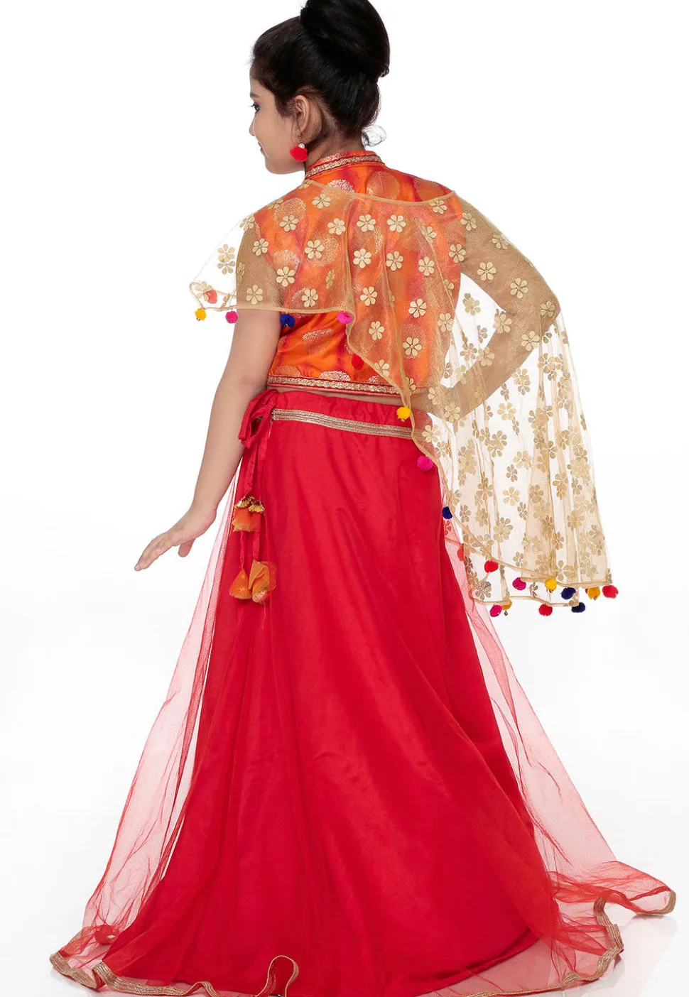 Woven Shimmer Net Lehenga in Red