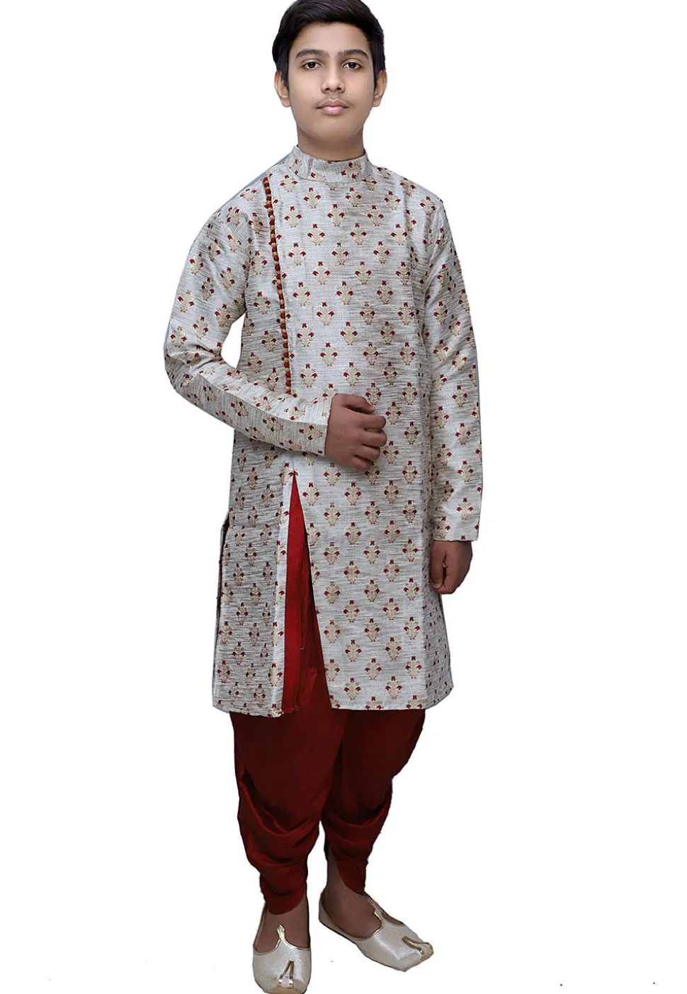 Woven Silk Jacquard Dhoti Sherwani in Off White