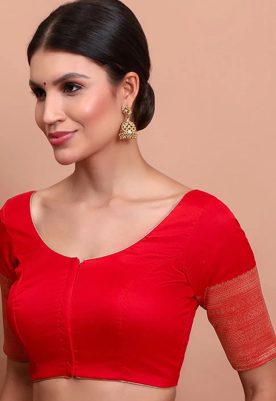 Woven Sleeve Art Silk Blouse in Red