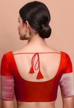 Woven Sleeve Art Silk Blouse in Red