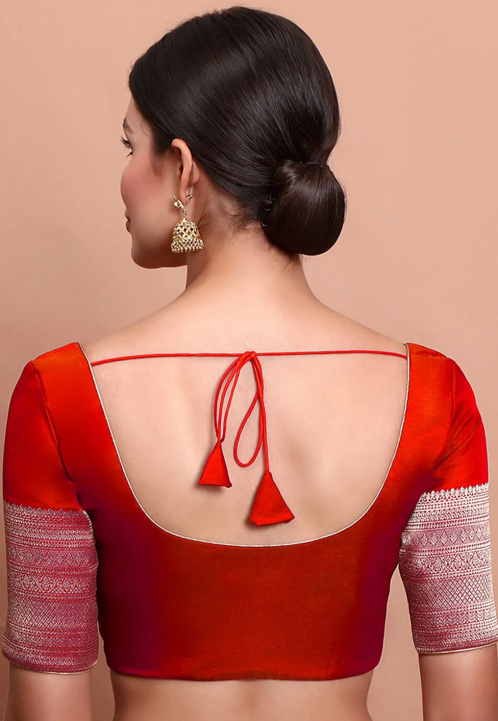 Woven Sleeve Art Silk Blouse in Red