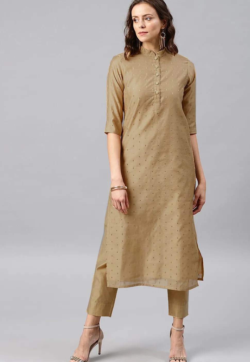Woven Sleeve Chanderi Silk Straight Kurta in Beige