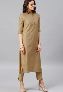 Woven Sleeve Chanderi Silk Straight Kurta in Beige