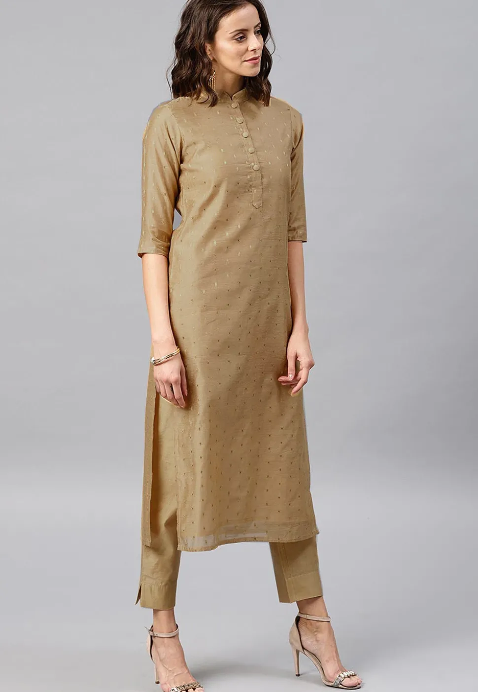 Woven Sleeve Chanderi Silk Straight Kurta in Beige