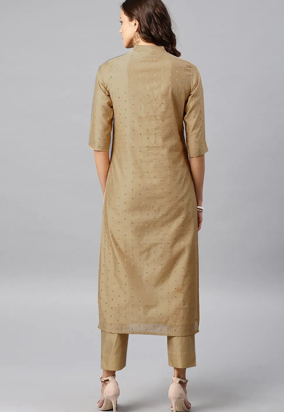 Woven Sleeve Chanderi Silk Straight Kurta in Beige