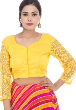 Woven Sleeve Dupion Silk Blouse in Yellow