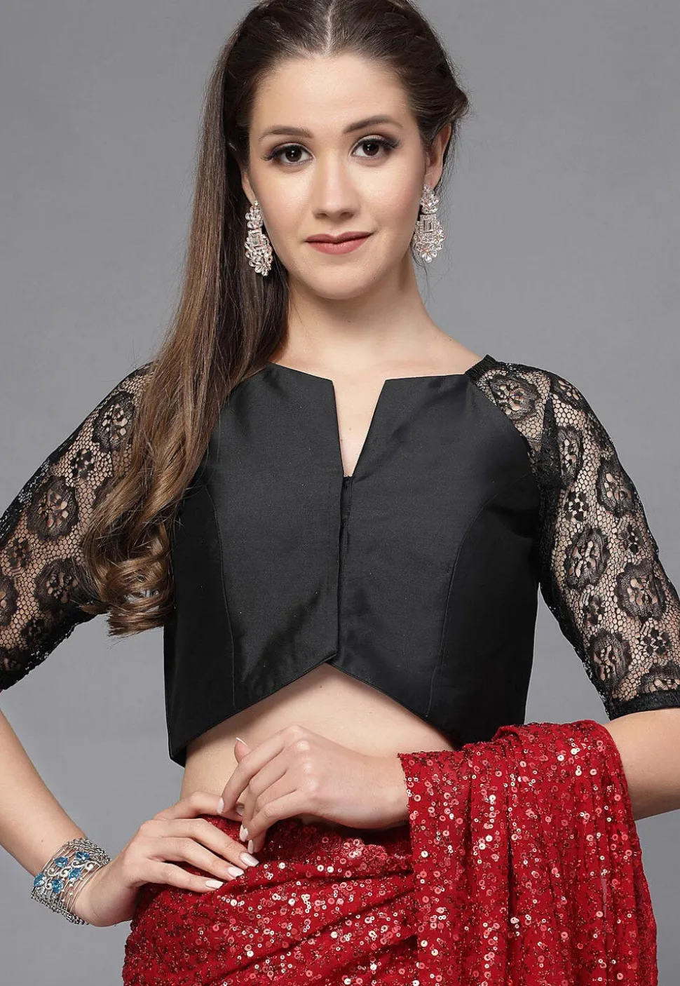 Woven Sleeves Taffeta Silk and Net Blouse in Black