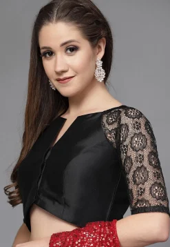 Woven Sleeves Taffeta Silk and Net Blouse in Black