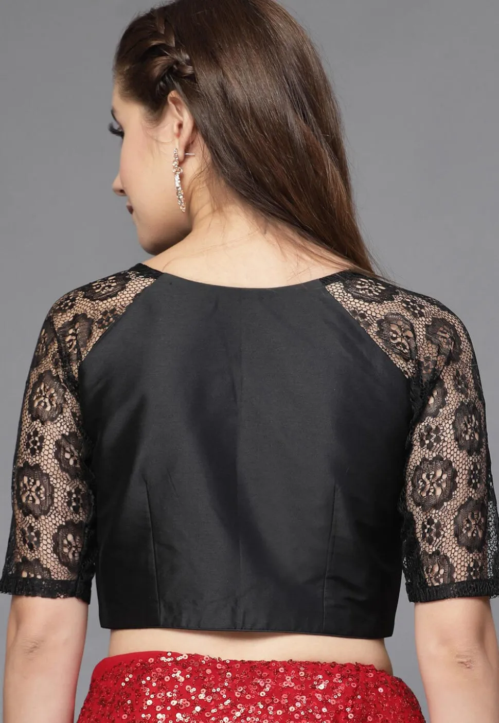 Woven Sleeves Taffeta Silk and Net Blouse in Black