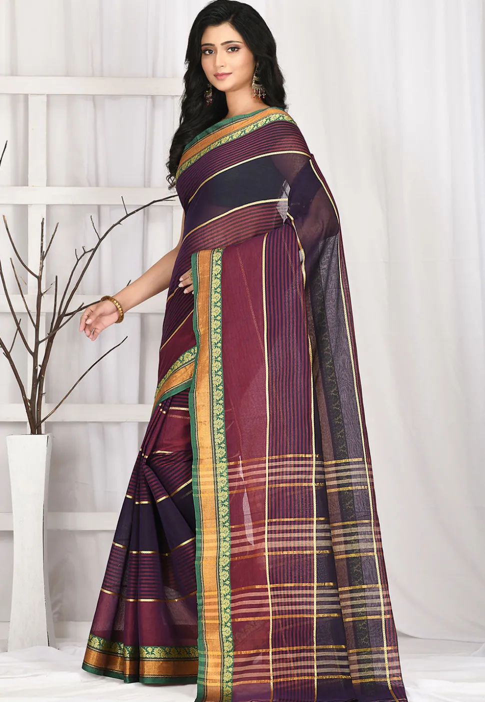 Woven South Cotton Saree in Maroon and Navy Blue