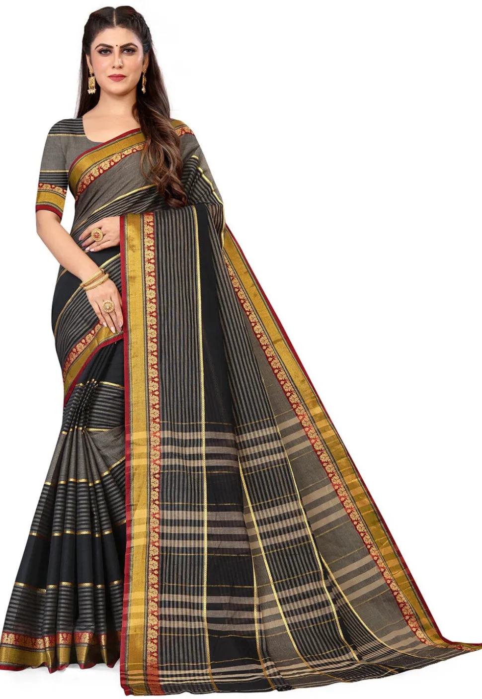 Woven South Cotton Saree in Dark Grey and Black