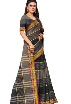 Woven South Cotton Saree in Dark Grey and Black