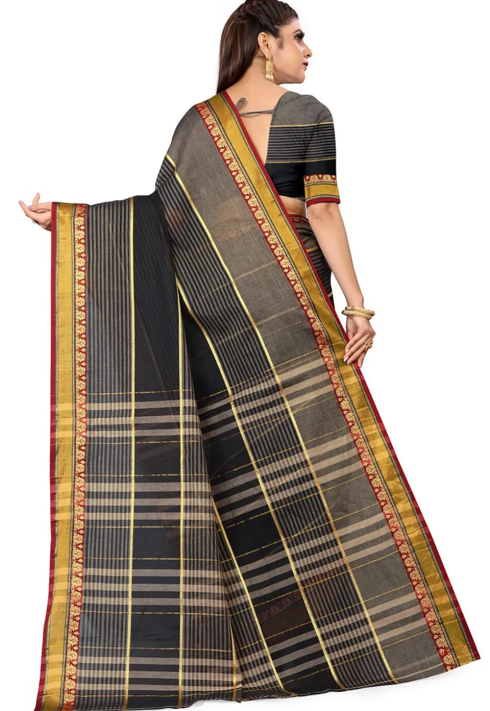 Woven South Cotton Saree in Dark Grey and Black