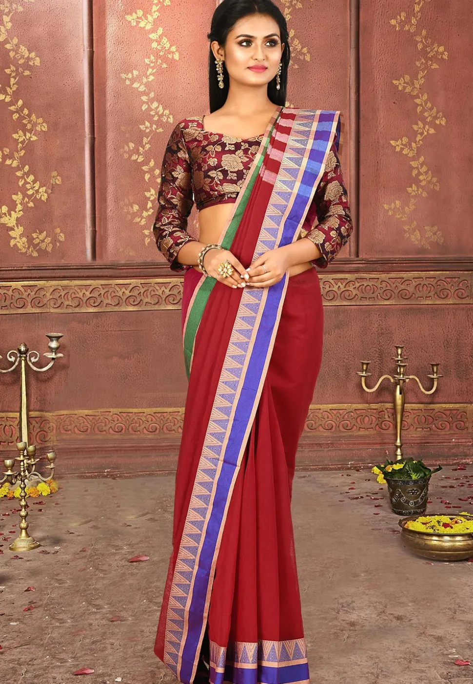 Woven South Cotton Saree in Red