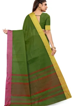 Woven South Cotton Saree in Dark Olive Green