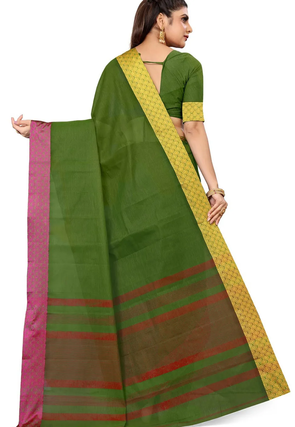 Woven South Cotton Saree in Dark Olive Green