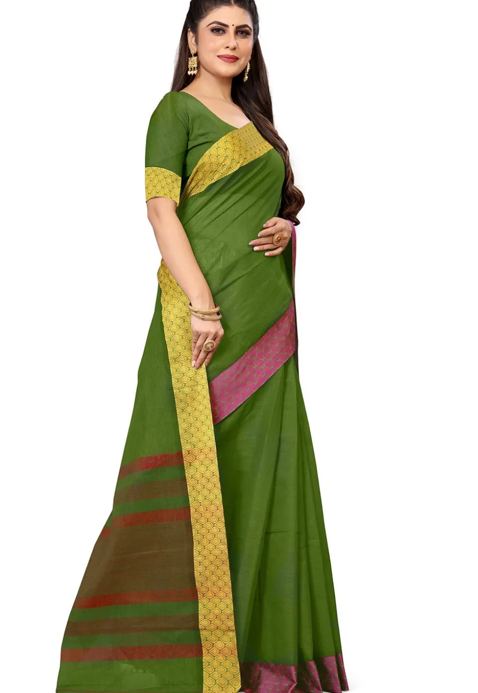 Woven South Cotton Saree in Dark Olive Green
