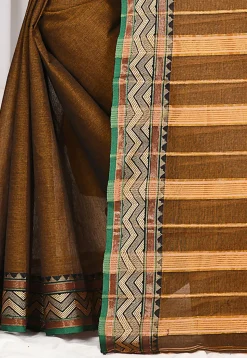 Woven South Cotton Saree in Dark Beige