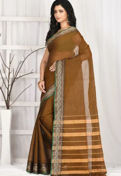 Woven South Cotton Saree in Dark Beige
