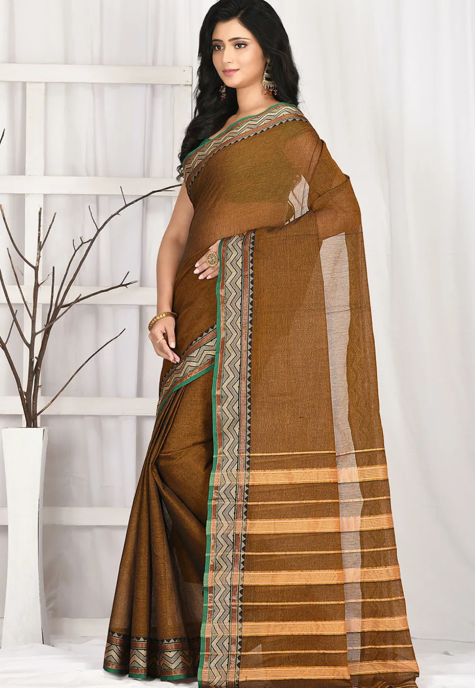 Woven South Cotton Saree in Dark Beige