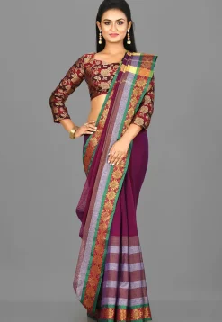 Woven South Cotton Saree in Blue and Red