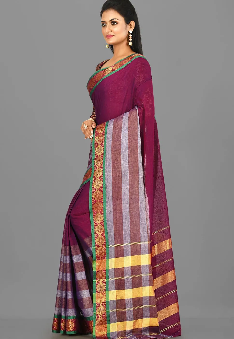 Woven South Cotton Saree in Blue and Red
