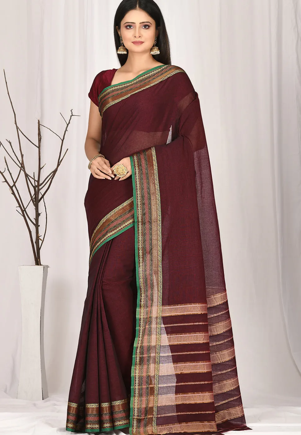 Woven South Cotton Saree in Maroon