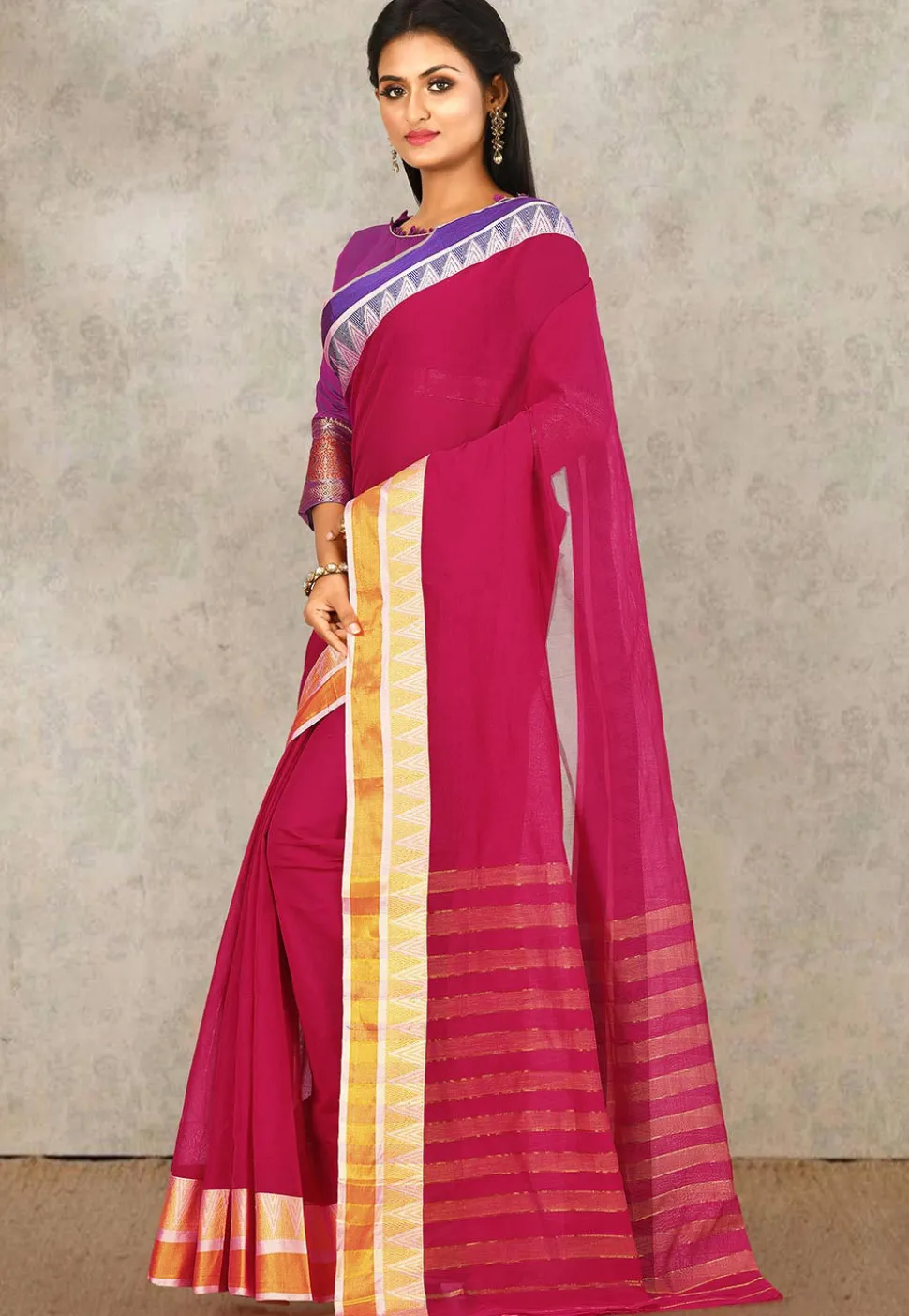 Woven South Cotton Saree in Fuchsia