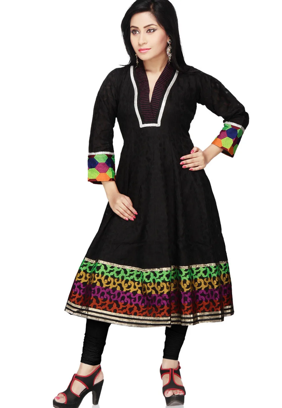 Woven Super Net Jacquard Anarkali Kurta in Black