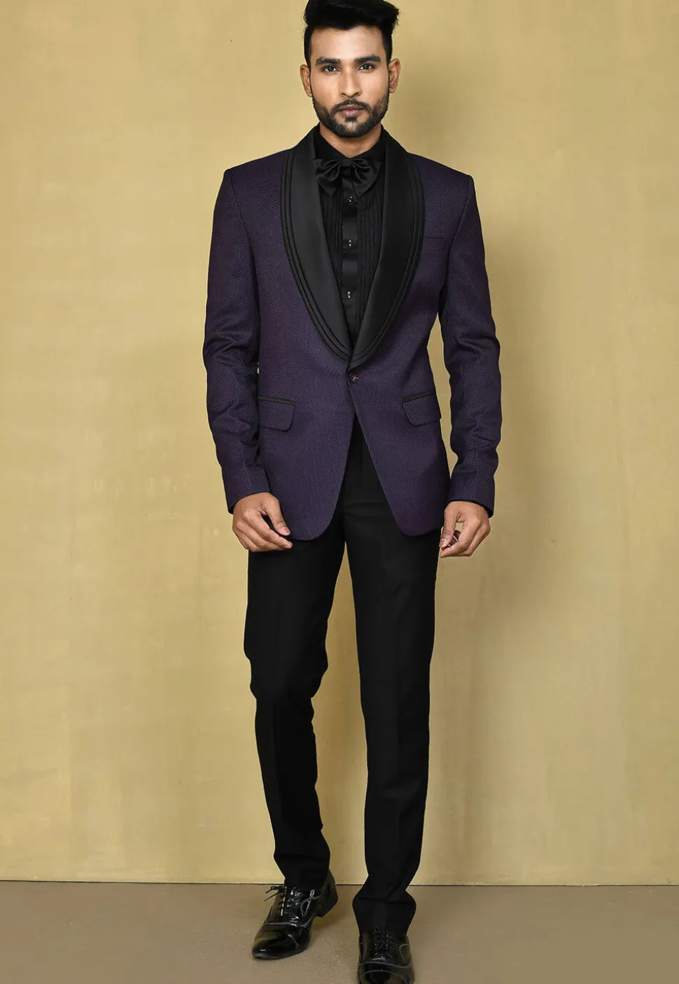 Woven Terry Cotton Jacquard Tuxedo in Navy Blue