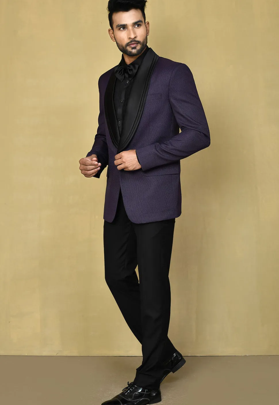 Woven Terry Cotton Jacquard Tuxedo in Navy Blue