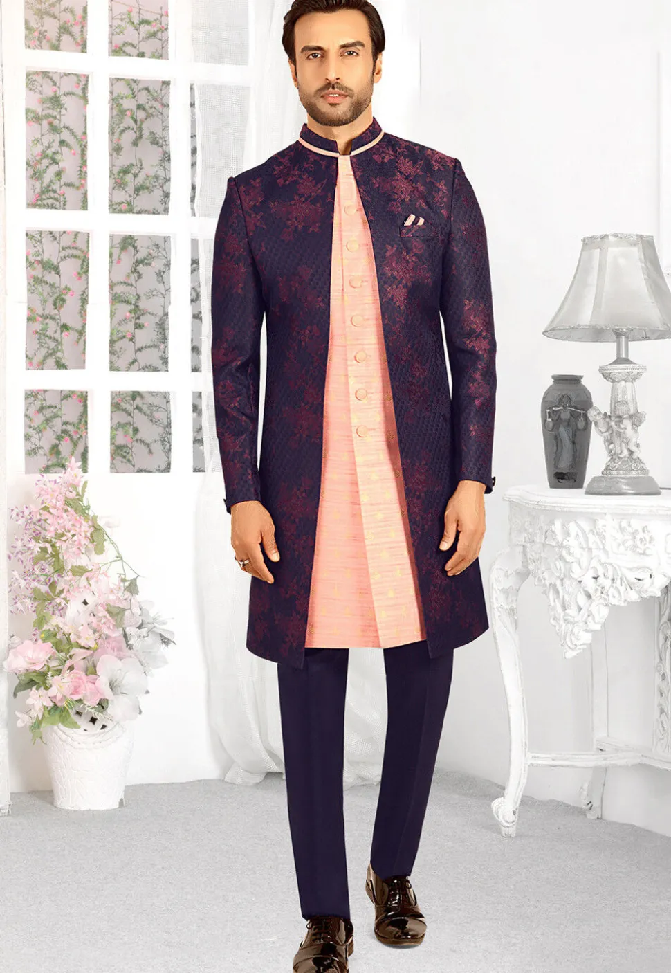 Woven Terry Rayon Jacket Style Sherwani in Peach and Navy Blue