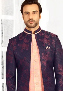 Woven Terry Rayon Jacket Style Sherwani in Peach and Navy Blue
