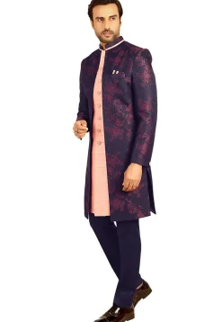 Woven Terry Rayon Jacket Style Sherwani in Peach and Navy Blue