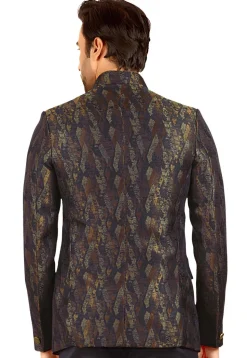 Woven Terry Rayon Jacquard Jodhpuri Jacket in Navy Blue