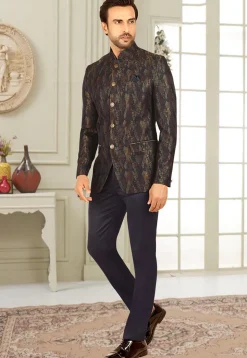 Woven Terry Rayon Jacquard Jodhpuri Jacket in Navy Blue