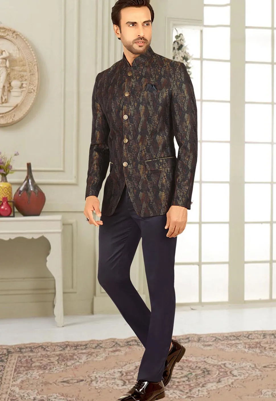 Woven Terry Rayon Jacquard Jodhpuri Jacket in Navy Blue