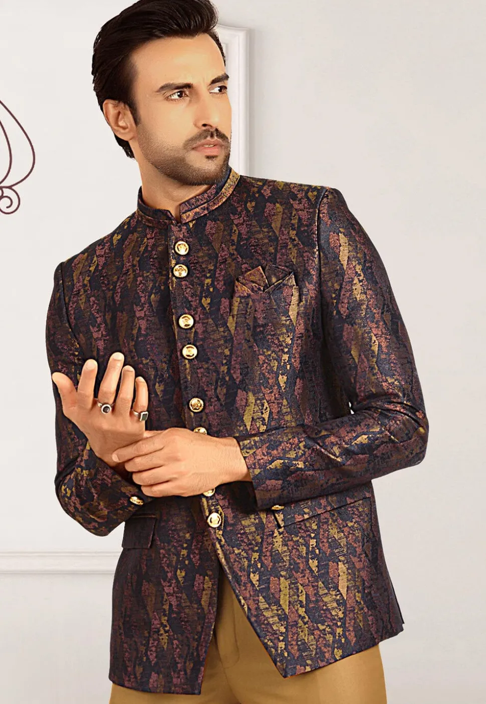 Woven Terry Rayon Jacquard Jodhpuri Jacket in Navy Blue